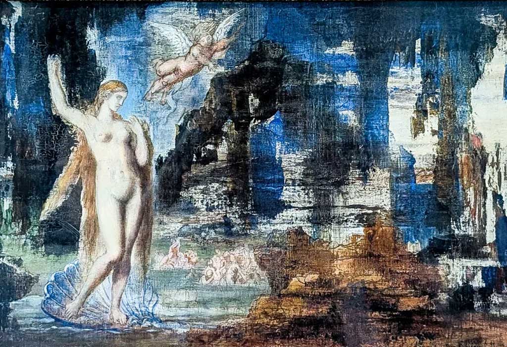 Gustave Moreau, La Naissance de Vénus, 1870 - Huile sur toile, 1870. H. 45 ; L. 64 cm Bien que le thème de la déesse sortant des eaux sur son coquillage soit un grand classique de l'histoire de l'art, Moreau s'éloigne radicalement des représentations académiques de son époque. Il propose une vision mystique, presque onirique, où la figure lumineuse de Vénus contraste avec un arrière-plan sombre, rocheux et texturé qui flirte déjà avec l'abstraction.