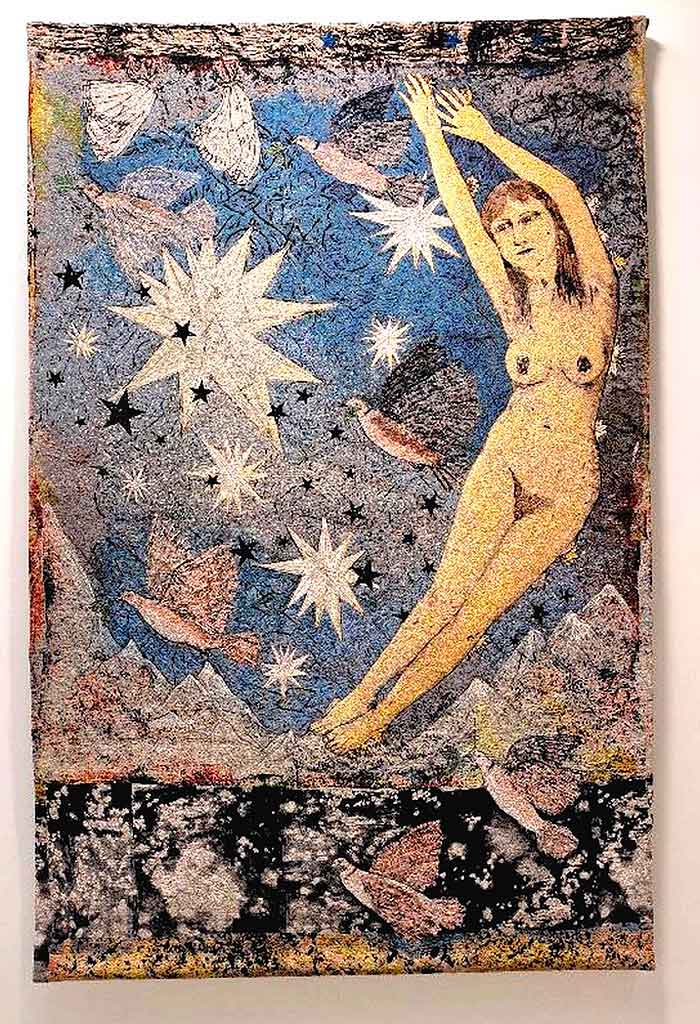 Cette œuvre est une tapisserie monumentale intitulée Sky, réalisée en 2011-2012 par l'artiste américaine Kiki Smith. Dimensions : Ses dimensions généreuses s'élèvent à environ 287 × 191 cm. Cette œuvre est une tapisserie monumentale intitulée Sky, réalisée en 2011-2012 par l'artiste américaine Kiki Smith. Dimensions : Ses dimensions généreuses s'élèvent à environ 287 × 191 cm.