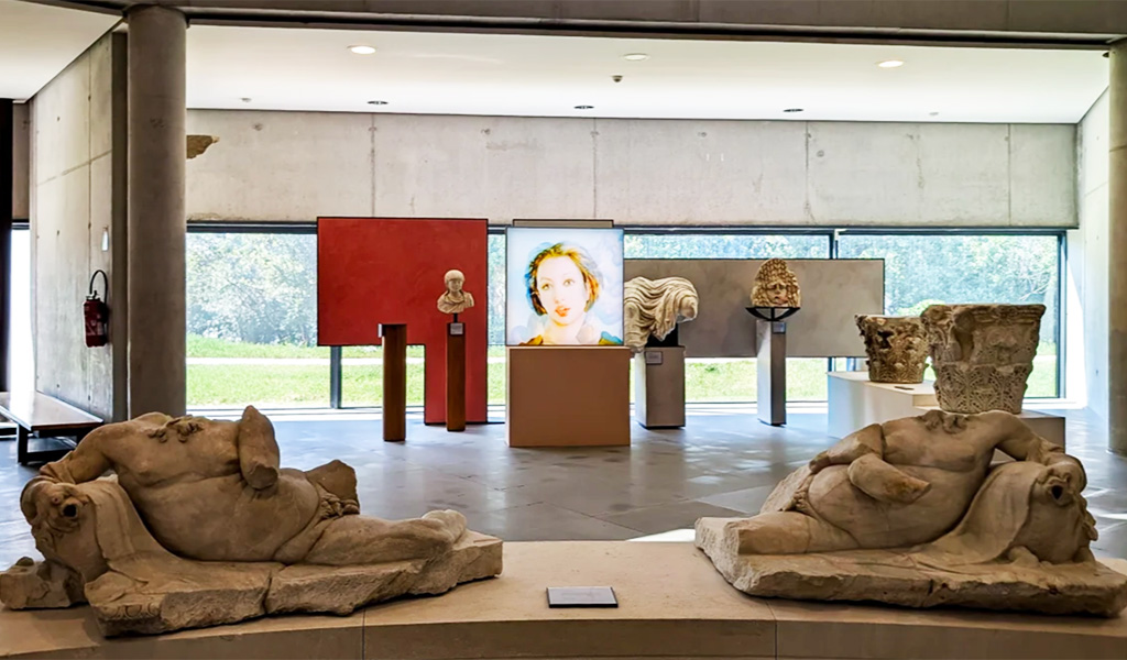 Au premier plan se trouvent deux sculptures romaines en calcaire ou marbre représentant des silènes ivres (compagnons de Dionysos / Bacchus) allongés et accoudés sur une outre de vin. Ces statues proviennent des décors sculptés mis au jour lors des fouilles archéologiques du théâtre antique d'Arles. Le visage au centre de la salle est une œuvre de l'artiste contemporain français Martial Raysse, datée de 1990. Ce portrait moderne a été installé au cœur des collections permanentes du Musée départemental Arles antique dans le cadre de la grande exposition temporaire « Le Passage de Vénus ».